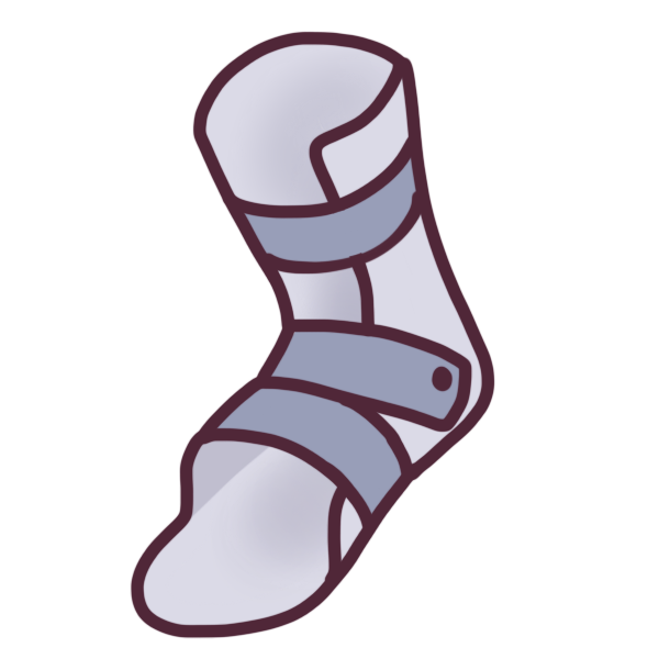 A rigid ankle brace drawn in muted purple.